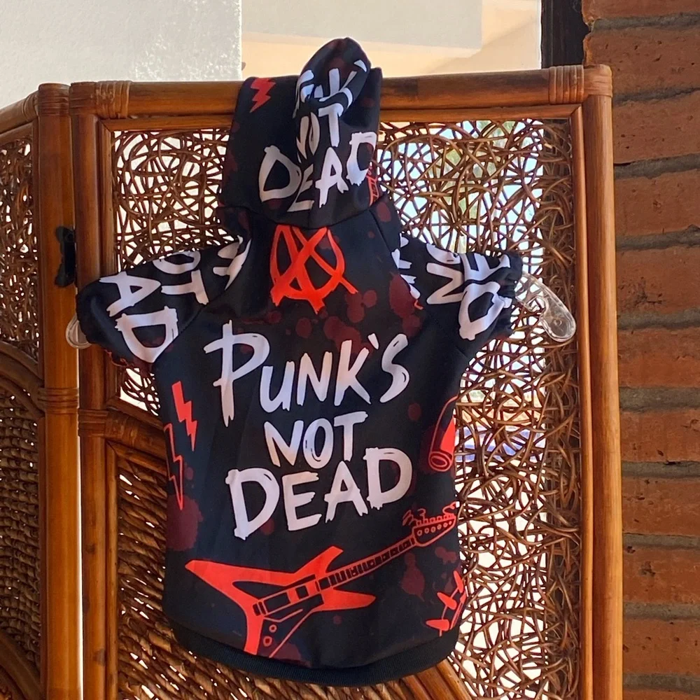 “Punk’s Not Dead” Black Graphic Hoodie White & Red Text Small Dog Halloween